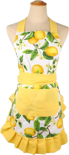 Miniatura 17 de G2PLUS Delantal de cocina floral vintage para mujer, delantal de cocina con dobladillo plisado negro con bolsillo, delantal de algodón retro