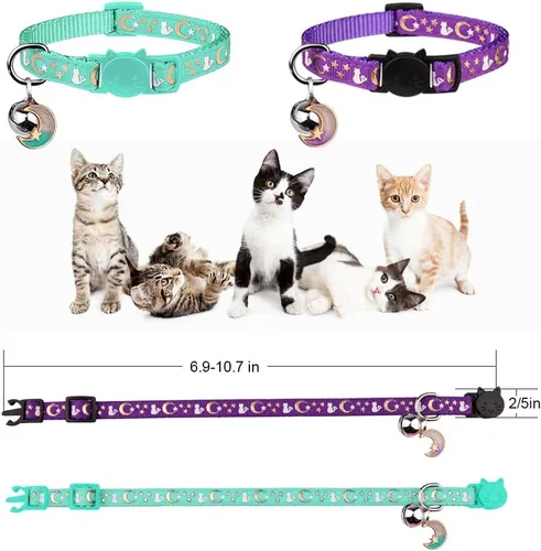Miniatura 5 de Baeuppit 2 piezas de collares de gato separables con campana, lunas, estrellas, lindos collares ajustables para gatitos con colgante que brillan