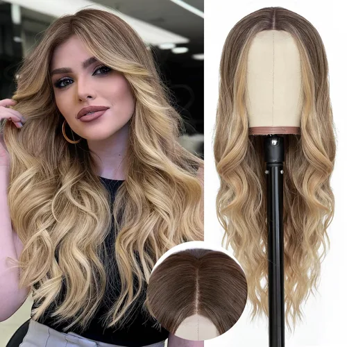Miniatura 36 de NAYOO Pelucas marrones con flequillo para mujer, pelucas de cabello largo y ondulado, resistentes al calor, pelucas de fibra sintética para uso