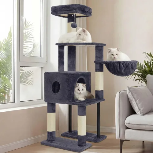 Miniatura 24 de Heybly Poste rascador para gatos, torre de árbol pequeño para gatos con 3 postes de sisal completos, cama de felpa extraíble, cepillo de aseo
