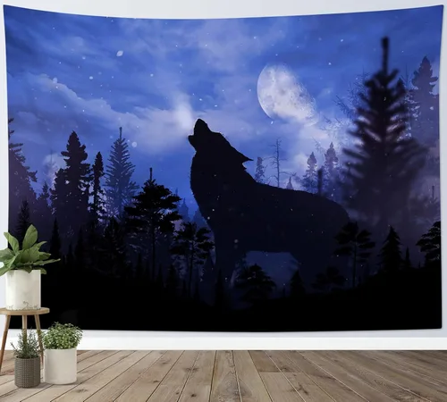 Miniatura 21 de HVEST Tapiz de pared de lobo para colgar en la pared, tapiz de animales salvajes, lobos aullidos en tapices nevados, escena de nieve de invierno