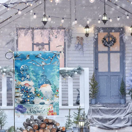 Miniatura 7 de Bandera de jardín de copos de nieve de gnomo azul de doble cara, Let it Snow Invierno decorativo para casa, patio, bandera pequeña al aire libre