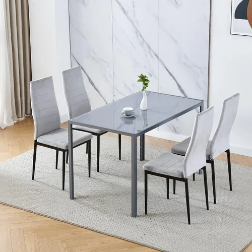 Miniatura 8 de Juego de 4 mesas de comedor y sillas negras modernas de 5 piezas para cocina pequeña, mesa rectangular de vidrio templado y 4 sillas de terciopelo