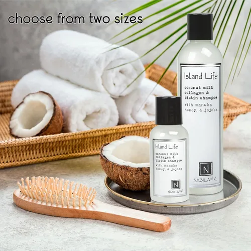 Miniatura 4 de Nabila K Champú de colágeno y biotina, 9 onzas, Island Life, leche de coco, miel de manuka y jojoba, limpiador, hidratante, seguro