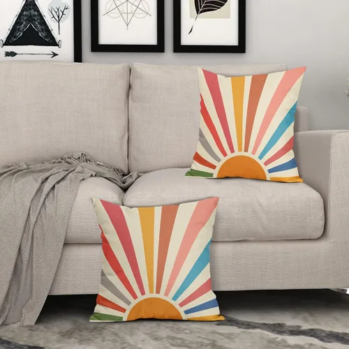 Miniatura 7 de Fundas de almohada boho con diseño de sol y atardecer 18x18, juego de 2 fundas de almohada decorativas de lino con arco iris y cierre