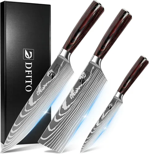 Dfito Juego de cuchillos de cocina, 3 piezas de acero inoxidable de alto carbono con mango de madera de Pakkawood roja, juegos de cuchillos de chef