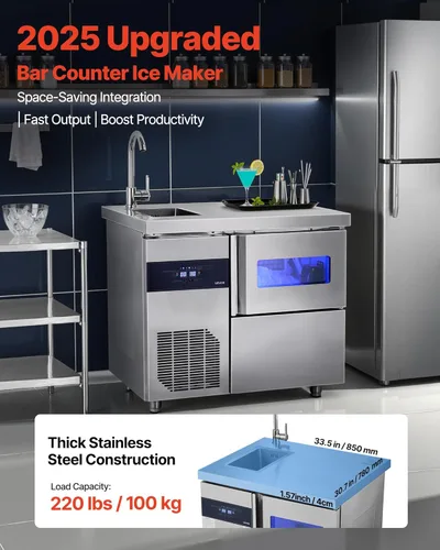 Miniatura 2 de VEVOR Máquina comercial para hacer hielo, máquina de hielo de acero inoxidable de 132 libras/24 horas con fregadero, almacenamiento de 30 libras