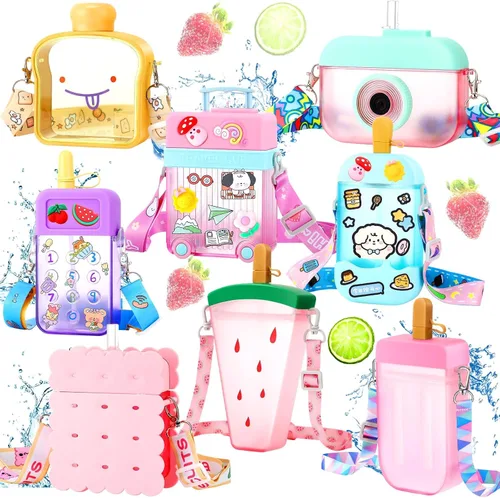 Miniatura 10 de Patelai 8 botellas de agua bonitas con pajita, tazas de helado de sandía kawaii, a prueba de fugas, con correa ajustable para el hombro