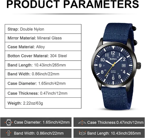 Miniatura 7 de Relojes militares para hombre, reloj militar militar de cuarzo analógico impermeable para hombre, pantalla de fecha, nailon táctico, deportes