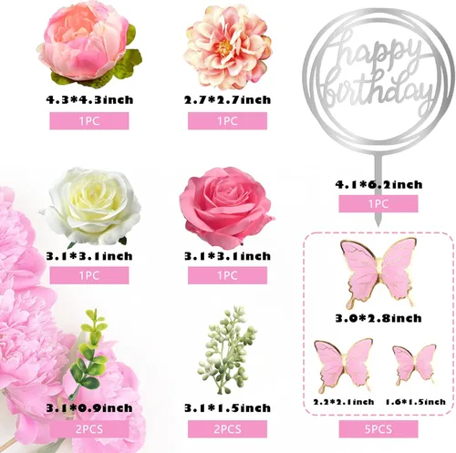 Miniatura 2 de 14 PCS Adornos para Pasteles de Flores Decoraciones de Pastel de Mariposa Adornos para Pastel de Feliz Cumpleaños con Flores de Rosa Rosa