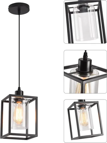 Miniatura 5 de Luces colgantes negras para isla de cocina, lámpara colgante de farol industrial con pantalla de vidrio transparente, iluminación colgante de altura
