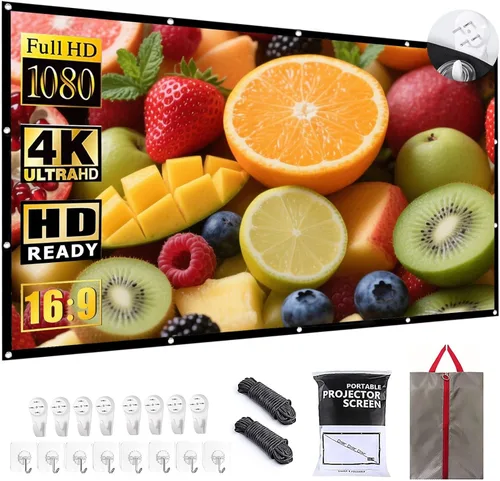 Pantalla de Proyector Pantallas de Películas Portátiles 16:9 Plegable Tela Resistente a las Arrugas con Doble Adhesivo/Ganchos de Clavos para