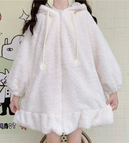 Miniatura 2 de BZB Sudaderas con capucha de conejo de anime Kawaii para mujer, suéter de conejo mullido y mullido para cosplay, abrigos