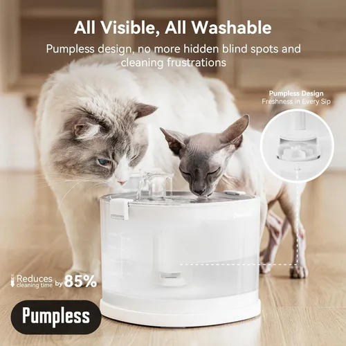 Miniatura 2 de Cheerble Fuente de Agua para Gatos sin Bomba, Fuente de Agua Inalámbrica para Mascotas Operada por Batería, Dispensador Automático de Agua E1+