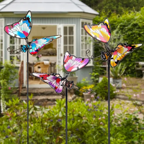 Miniatura 6 de Juegoal Juego de 3 estacas de jardín de mariposas, estacas de mariposas coloridas de 20 pulgadas, adornos artísticos de vidrio y metal para patio