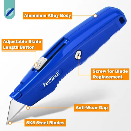 Miniatura 4 de DIYSELF Paquete de 4 cortadores de caja, cuchillo utilitario con 10 cuchillas, cortador de caja resistente para alfombras, cartón, vinilo y papel