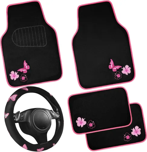 Miniatura 12 de CAR PASS Juego completo de fundas de asiento de coche de tela universal con mariposas, alfombrillas de coche impermeables bordadas con flores, funda
