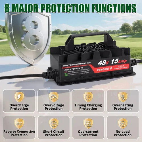 Miniatura 3 de Cargador de batería de litio de 58.4V 15A para paquetes de baterías Lifepo4 de 48 V con conector M8 impermeable, indicador LED, 6 protecciones