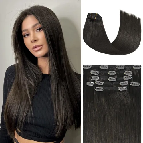 Miniatura 29 de Honsoo Extensiones de cabello humano real de color marrón con pinzas, marrón castaño, 15 pulgadas, 70 g, 7 unidades, cabello lacio sedoso y marrón