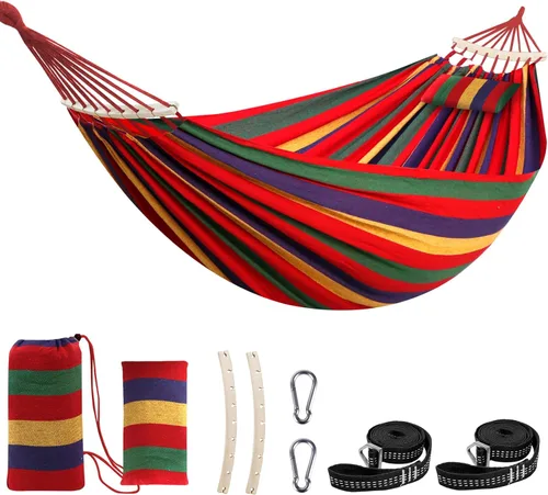 Miniatura 9 de Chihee - Hamaca de algodón grande y transpirable para acampar, con capacidad de hasta 660 libras, portátil, con barra separadora desmontable