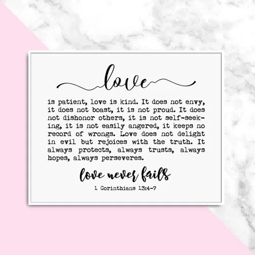Miniatura 8 de OFlyDesigns Letrero de amor nunca falla, 1 Corinthians 13 citas, impresión artística de 8 x 10 pulgadas, sin marco, arte de pared para dormitorio