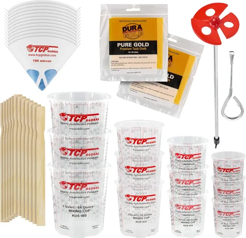 Pouring Masters Kit de taza de mezcla de pintura, 12 vasos de pintura de plástico (3 de cada tamaño 12, 24, 44, 72 onzas), palos, coladores, paños
