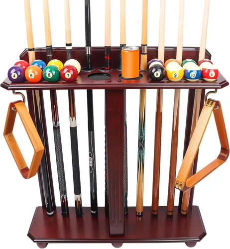 Miniatura 9 de GSE Games & Sports Expert Estantes para tacos de billar con soporte de suelo estilo esquinero con contadores de puntuación, contiene tacos de Caoba