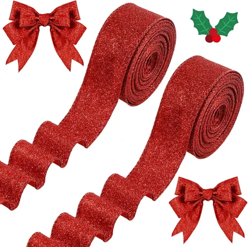 Miniatura 7 de 2 Rollos 20 Yardas Cinta de Navidad con Alambre Cinta Gruesa con Purpurina Cinta Metálica con Alambre para Envolver Regalos Cinta de Árbol