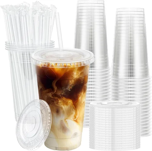 Miniatura 10 de Lamosi Paquete de 100 vasos de plástico transparente de 12 onzas con tapas y pajitas, tazas desechables para café helado con tapas para bebidas