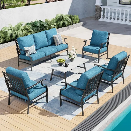 Miniatura 49 de SUNSHINE VALLEY Juego de muebles de patio al aire libre de 7 piezas, moderno juego de conversación de patio exterior con cojín extra grueso de 5.75