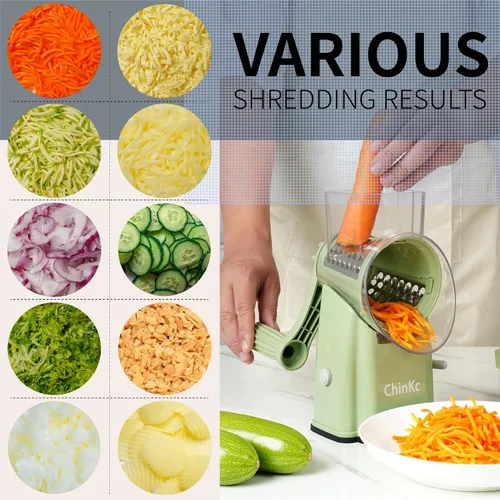 Miniatura 3 de Rallador rotativo de queso mejorado con asa, base de succión fuerte, rebanador giratorio multiusos con 5 cuchillas intercambiables para hielo, Verde