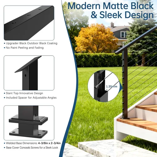 Miniatura 5 de Poste de escalera con barandilla de cable negro de 36 pulgadas con parte superior fija inclinada, poste de riel de alambre de acero inoxidable T304