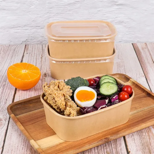 Miniatura 2 de Cuencos de papel kraft desechables de 25 onzas con tapas, recipientes rectangulares para alimentos, cuencos de sopa, suministros de fiesta, cuencos
