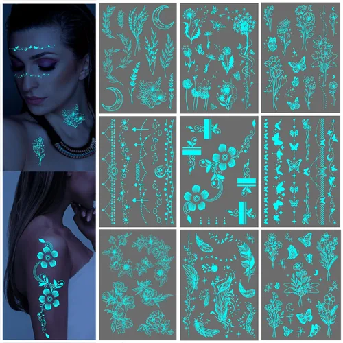 Miniatura 7 de Tatuaje realista de mariposa azul que brilla en la oscuridad, temporal para mujeres adultas, flor luminosa, mariposa, hoja, tatuaje, tatuaje falso