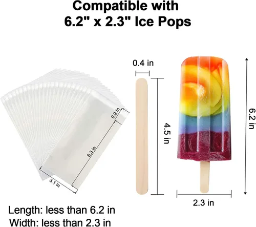 Miniatura 4 de Miaowoof 200 palitos de paletas y 200 bolsas, palitos de hielo y bolsas para helado, envoltorios y palitos transparentes autoadhesivos