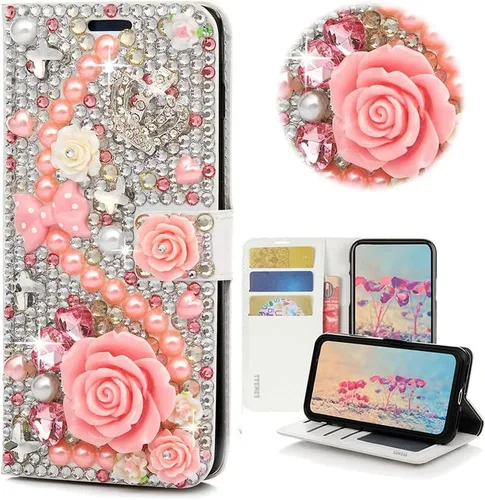 Miniatura 23 de Bling - Funda tipo cartera para teléfono compatible con Samsung Galaxy Z Fold 3 5G, elegante, hecha a mano en 3D con lazo de cristal, bolsa de rosa