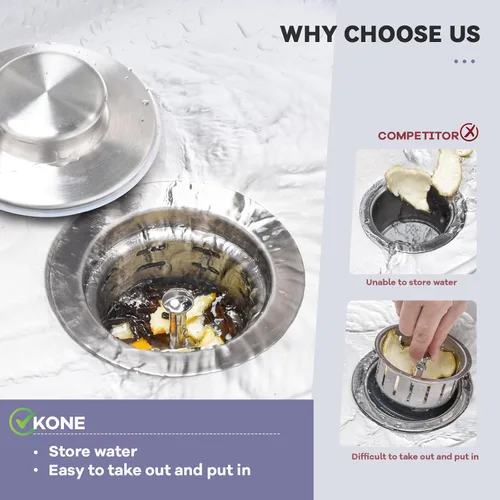 Miniatura 2 de KONE Brida extendida de eliminación de basura con colador y tapón, brida de fregadero extendida de acero inoxidable 304 profundo para drenaje