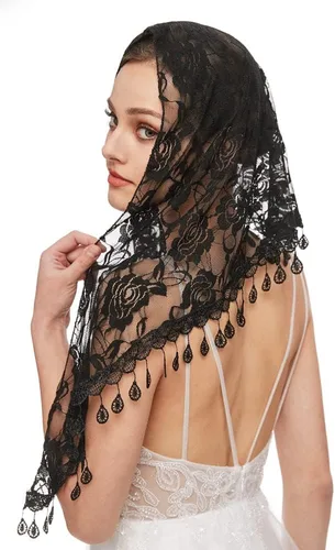 Miniatura 2 de Nanchor Velo de mantilla velo triángulo velos de encaje cubierta de cabeza de iglesia velo de novia para damas de honor de boda, Negro triángulo