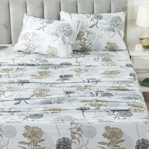 Miniatura 60 de FADFAY Juego de sábanas tamaño King, 100% algodón, elegante ropa de cama de granja con hojas verdes menta y flores blancas, sábana suave
