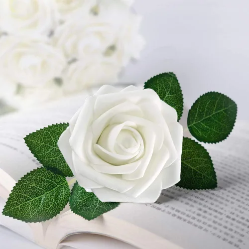 Miniatura 3 de Higfra Flores artificiales, 25 unidades, rosas falsas de aspecto real con tallos para ramos de boda, centros de mesa de baby shower, arreglos Blanco