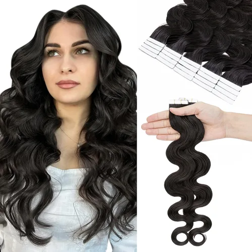 Hairro Extensiones de cabello humano ondulado con cinta, cabello largo y fino, 12 pulgadas, 1.41 onzas, 20 unidades, color negro suave, sin