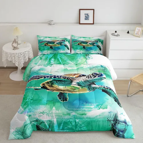 Juego de edredón de tortuga marina para niños, tamaño individual, juego de ropa de cama con brújula náutica del océano, juego de edredón retro de