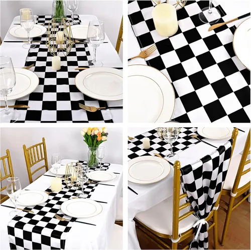 Miniatura 5 de Paquete de 12 caminos de mesa a cuadros de 12 x 108 pulgadas, tablero de ajedrez blanco y negro, bandera de carreras, camino de mesa de poliéster