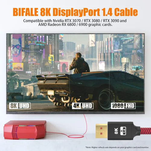 Miniatura 6 de BIFALE Paquete de 2 cables DisplayPort 1.4 8K con certificación VESA de 15 pies, cable DP 1.4 de nailon trenzado