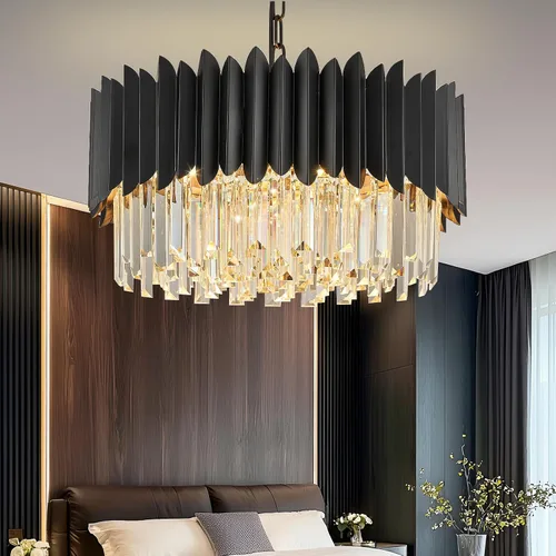 Candelabro de cristal negro de 20 pulgadas, K9, luces colgantes redondas, ajustables, de 4 niveles, gran lámpara de cristal moderna, 6 luces para