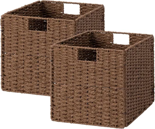 Miniatura 15 de StorageWorks Cestas de mimbre de 11 pulgadas, cubos de almacenamiento tejidos a mano con asas, cesta plegable de cuerda de papel para organizar