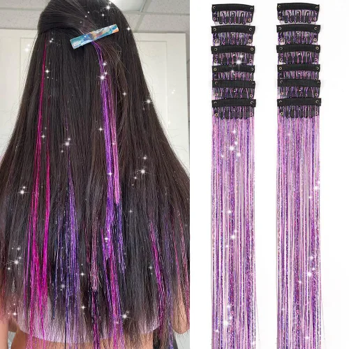 Miniatura 8 de Paquete de 12 extensiones de cabello de oropel con clip, paquete de 12 unidades, 20 pulgadas, extensiones de cabello de oropel con purpurina, negro#