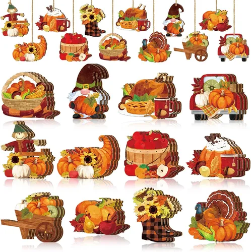 Miniatura 6 de Huwena 36 adornos de madera de Halloween para árbol, fantasma, cráneo, gnomo, calabaza, recortes de madera con cuerdas, decoraciones de árbol