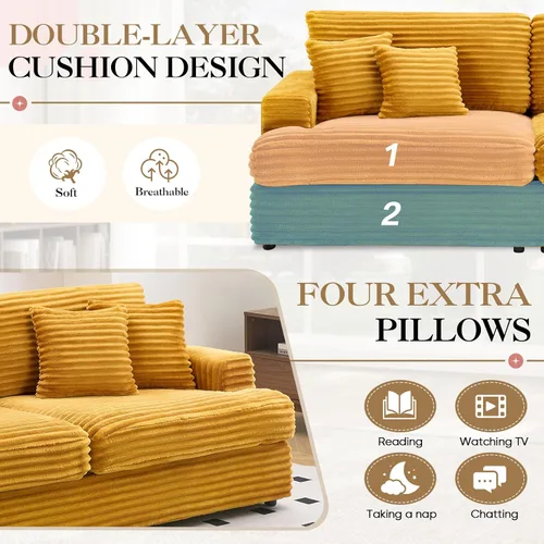Miniatura 4 de Sofá de pana moderno de 79.3 pulgadas, sofá biplaza de pana con 4 almohadas y reposabrazos anchos, cómodo sofá tapizado de 2 plazas para sala