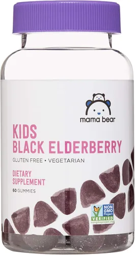 Marca Amazon – Mama Bear, Gomitas vegetarianas de saúco negro para niños de 300 mg con vitaminas C, D, E y zinc, apoyo al sistema inmunológico, 60